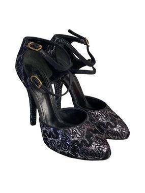 🛍️ Dolce & Gabbana Authentic Black & Silver Lace Overlay Ankle-Strap High Heels